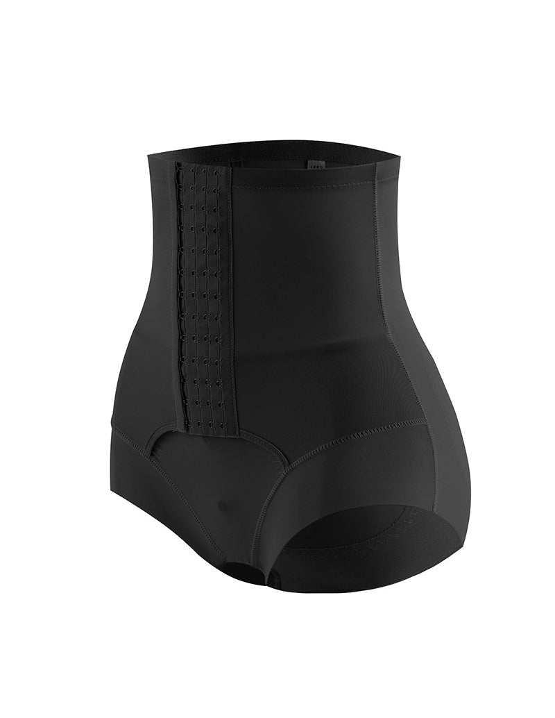 Black high-waisted shaper shorts, full-coverage brief style with waist support panel