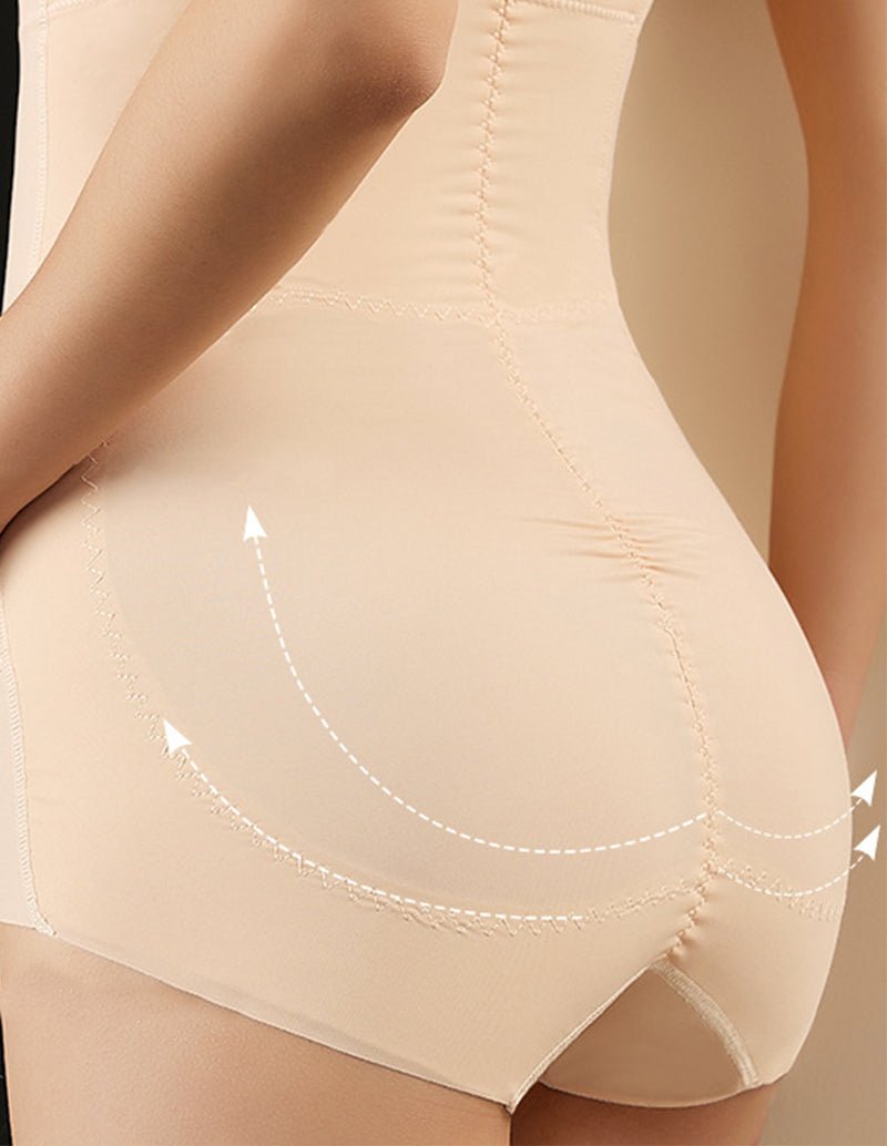 Beige high-waisted shaper shorts with curved contour seams and front shaping panel
