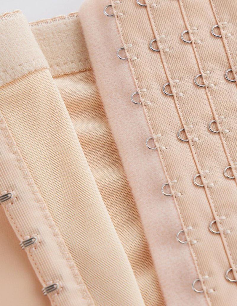 Beige shaper shorts with hook-and-eye closure and reinforced sideband stitching