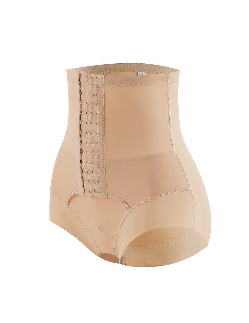 Beige high-waisted shaper shorts, full-coverage brief style with waist support panel