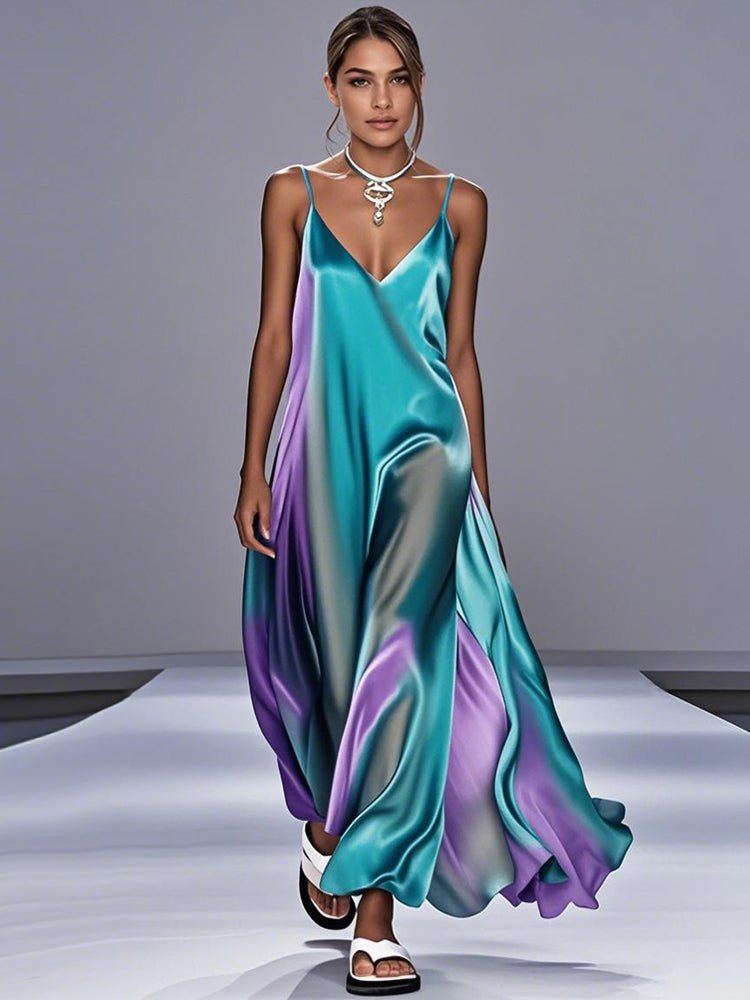 Tie-dye satin nightdress with V-neck and spaghetti straps, teal and purple waves
