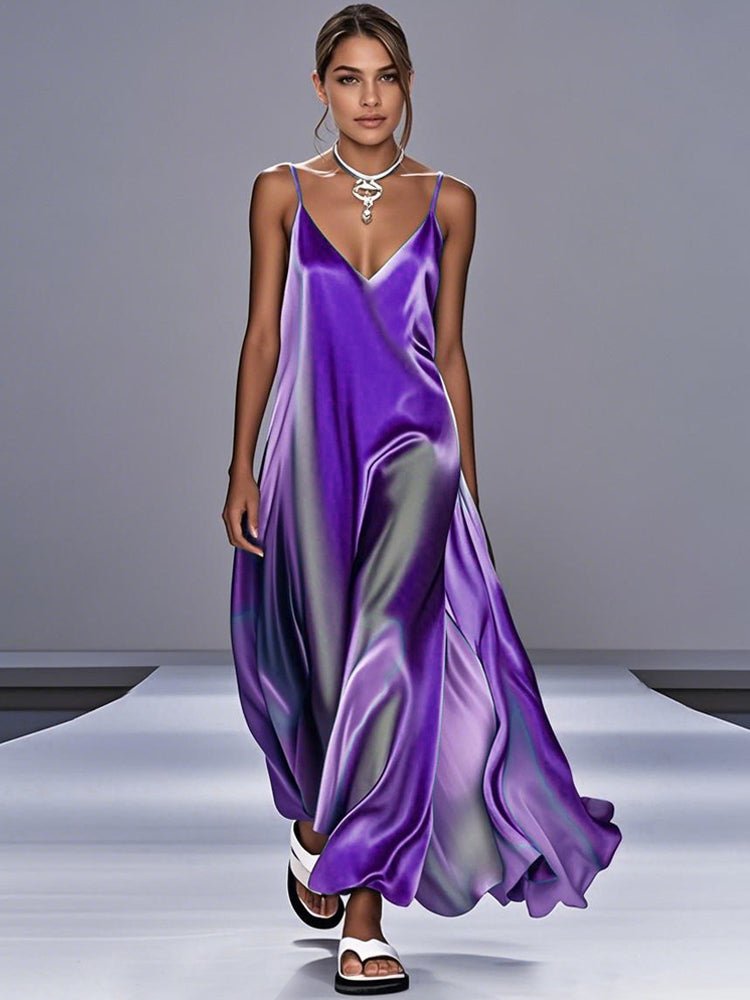 Tie-dye satin nightdress with V-neck and spaghetti straps, purple with lilac swirls