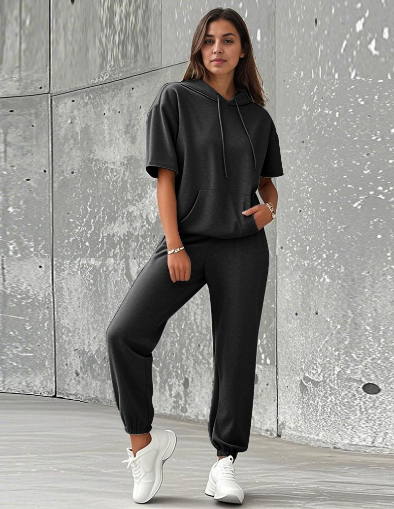 Black hooded sweatshirt and jogger pants set, drawstring hood, short sleeves
