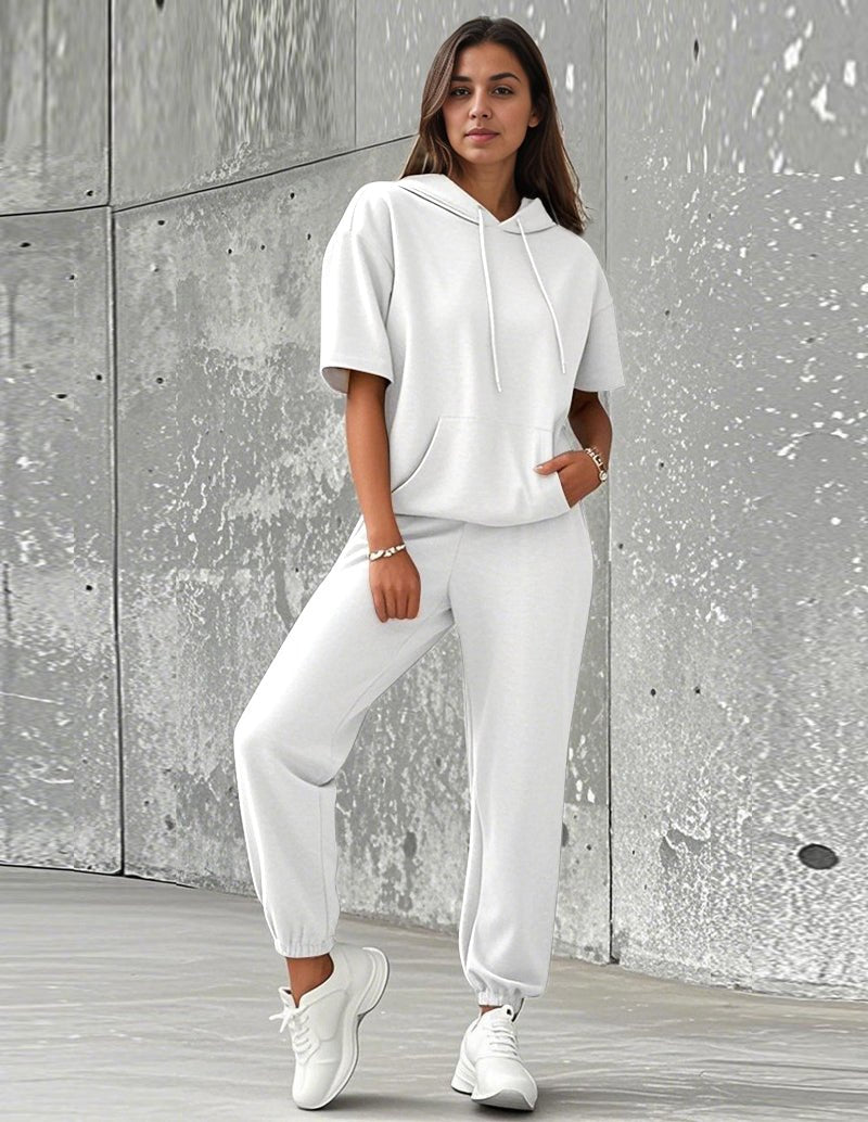 White hooded sweatshirt and jogger pants set, drawstring hood, short sleeves