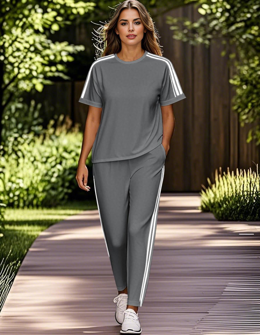 Gray stripe t-shirt and pants set with side stripe detailing