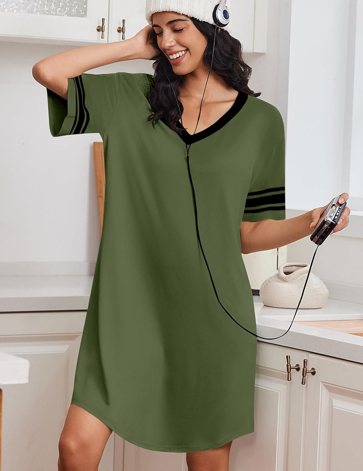 Mid Green nightgown, V-neck short sleeves with black trim and button placket