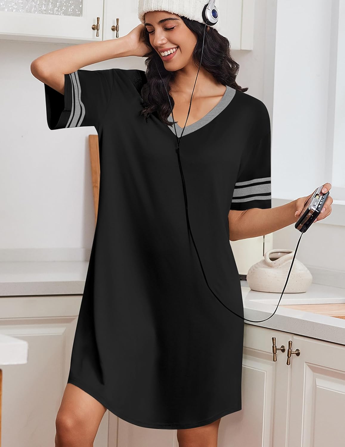 Black nightgown, V-neck short sleeves with contrast striped cuffs