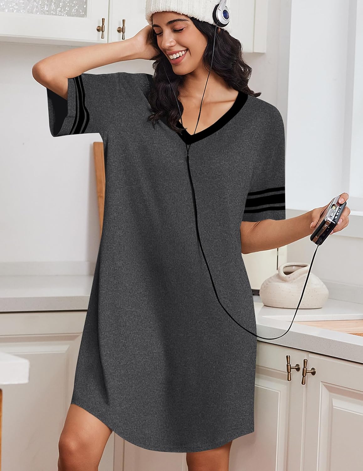Dark grey short-sleeve V-neck nightgown with black trim and center button placket
