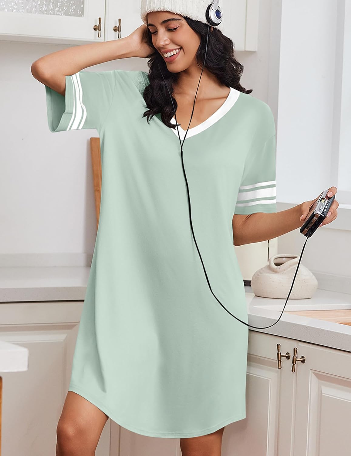 Light Green nightgown, V-neck short sleeves with white-striped trim