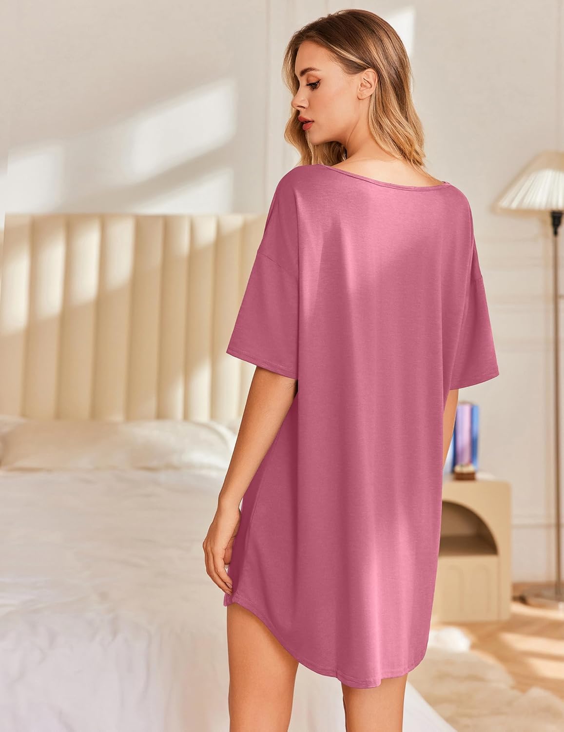 Bamboo Viscose nightdress, dusty pink solid, back view, short sleeves V-neck
