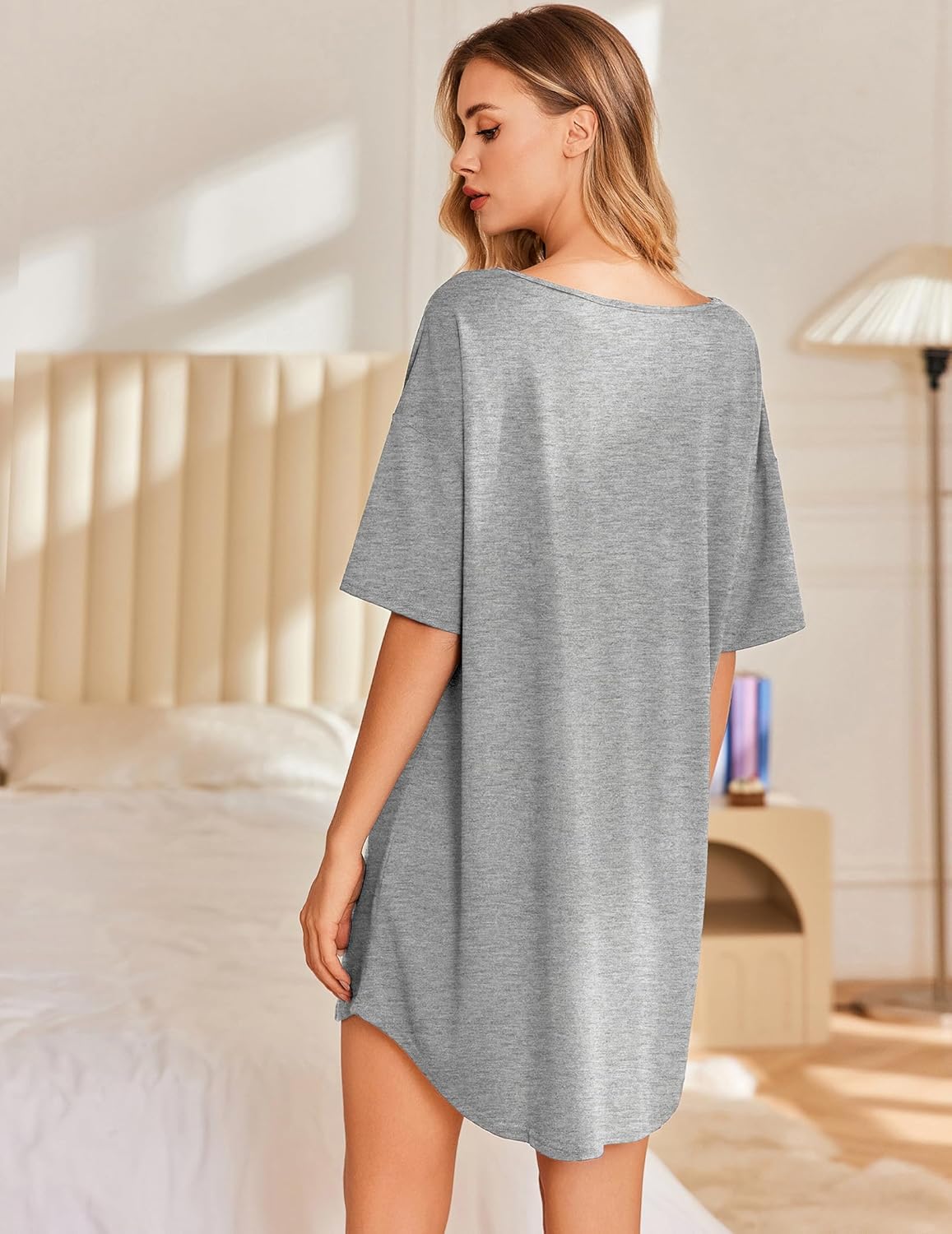 Bamboo Viscose nightdress, heather grey solid, back view, short sleeves V-neck