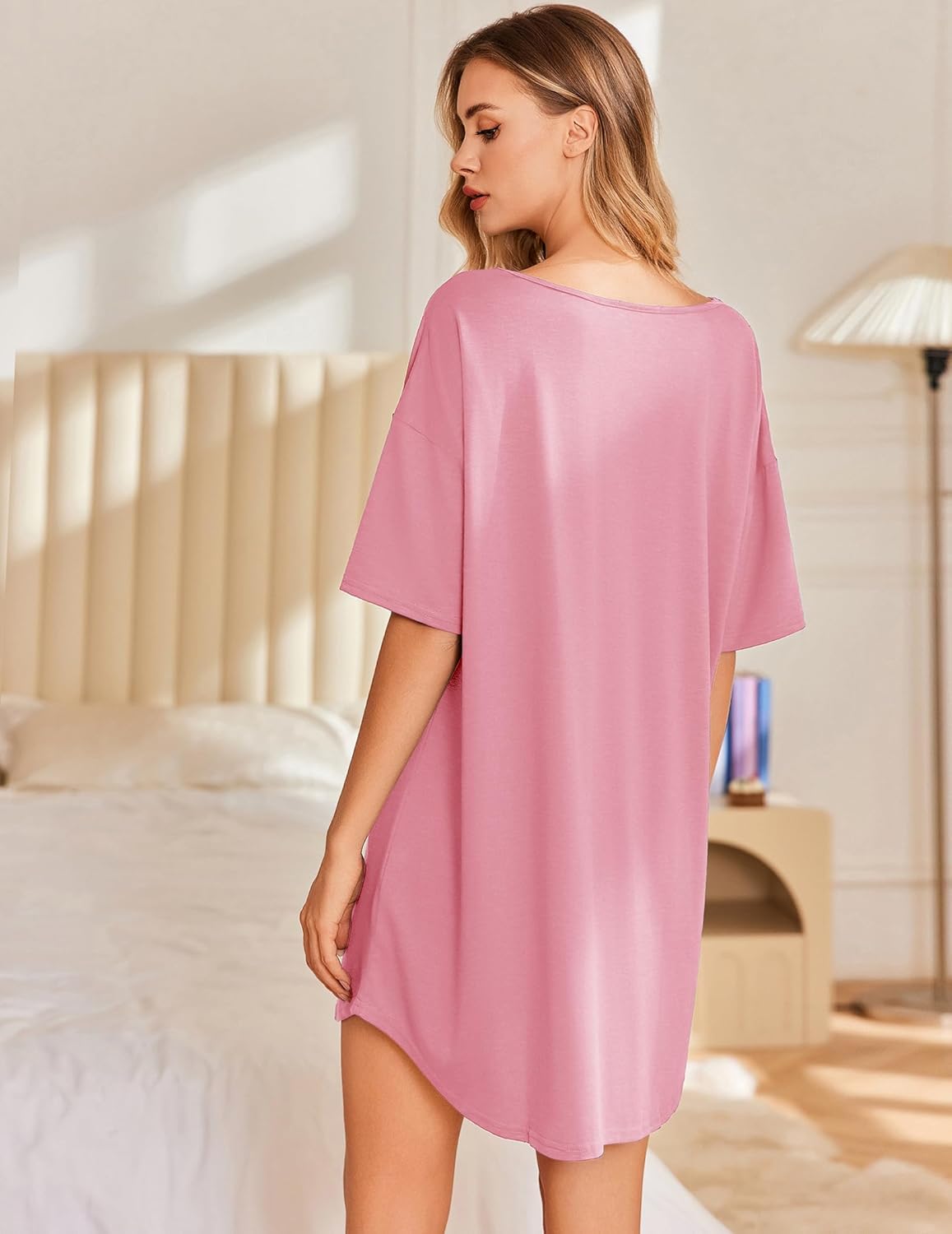Pink V-neck short-sleeve nightgown T-shirt, back view