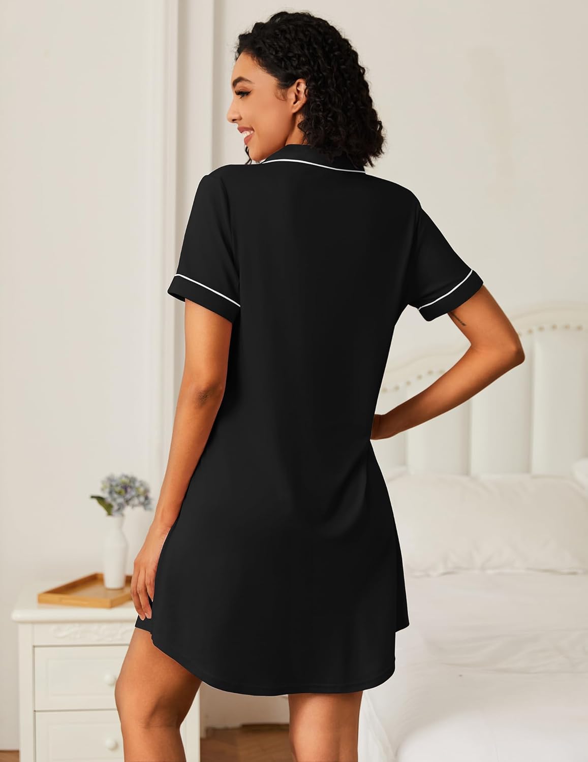 Bamboo viscose sleep shirt dress, black with white trim, short sleeves, back view