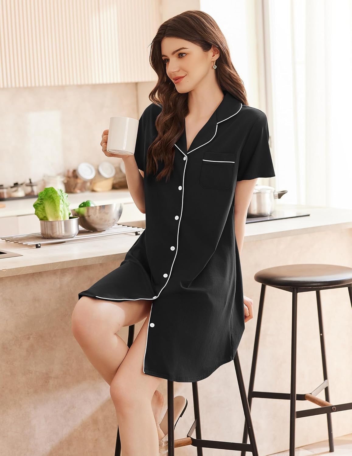 Bamboo viscose sleep shirt dress, black with white piping, button-front, short sleeves