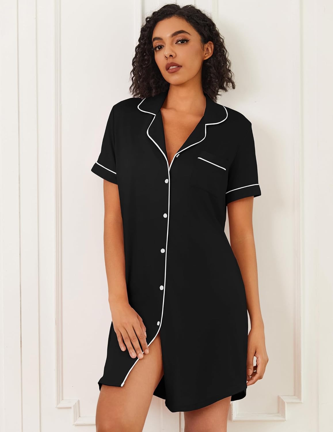 Bamboo viscose sleep shirt dress, black with white piping, button-front V-neck