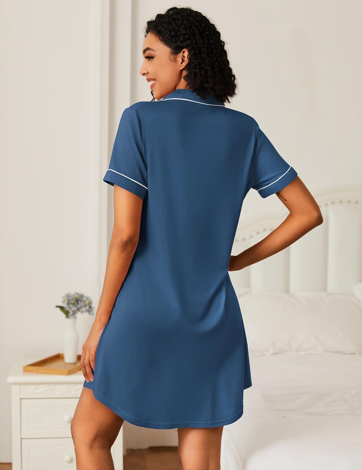 Navy blue sleep shirt night dress from back view, short sleeves, button front