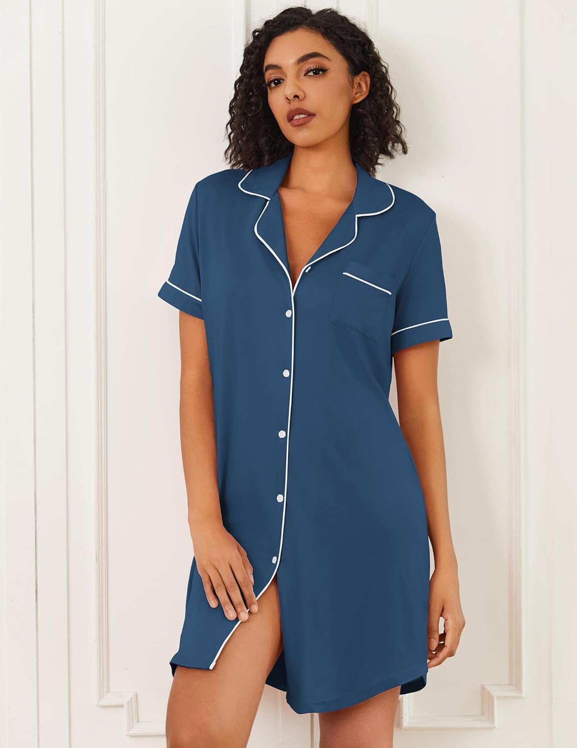 Navy blue button-down sleep shirt night dress with short sleeves and white trim
