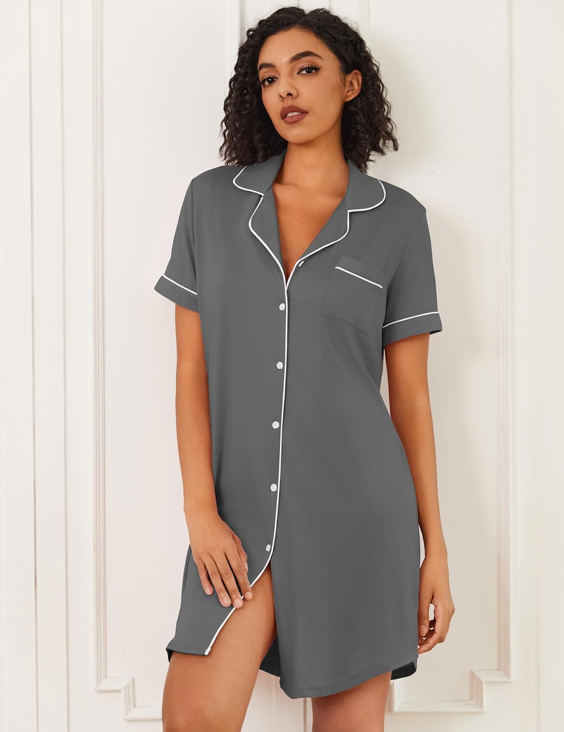 Bamboo viscose sleep shirt dress, dark grey with white piping, button-front V-neck