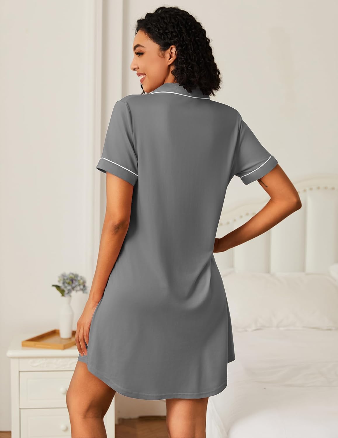 Bamboo viscose sleep shirt dress, dark grey with white trim, short sleeves, back view