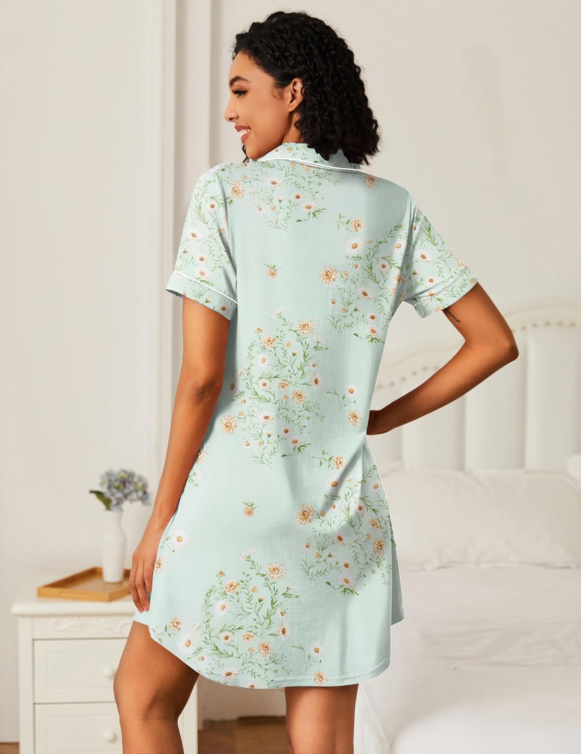 Light green floral sleep shirt night dress from back view, short sleeves, button front