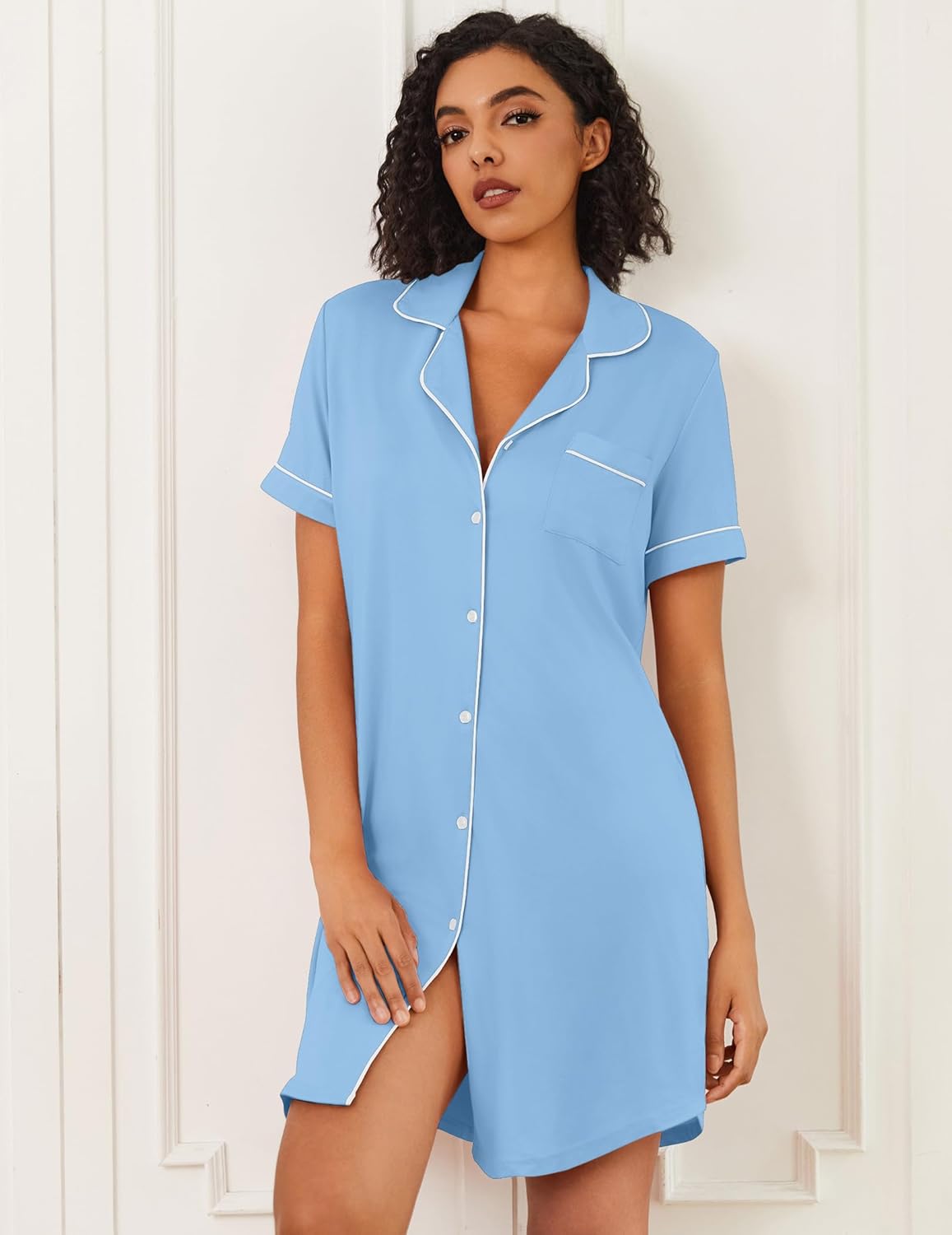 Bamboo viscose sleep shirt dress, light blue with white trim, button-front V-neck