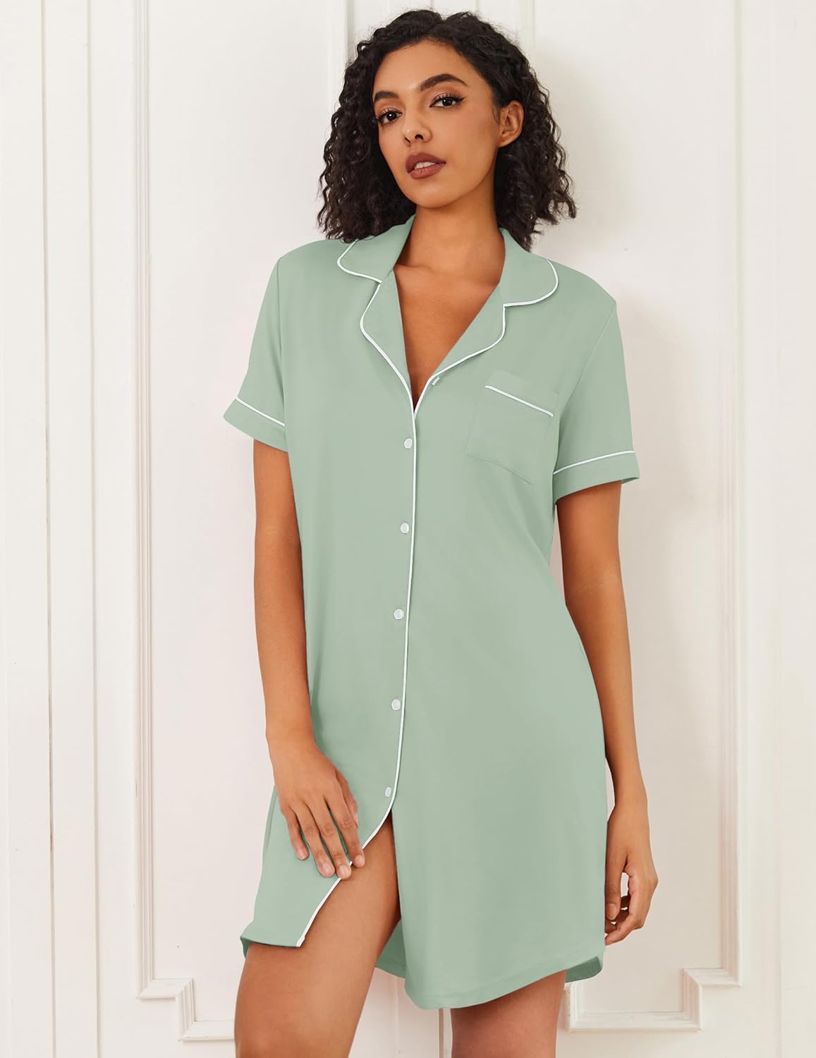 Light green button-down sleep shirt night dress with short sleeves and white trim