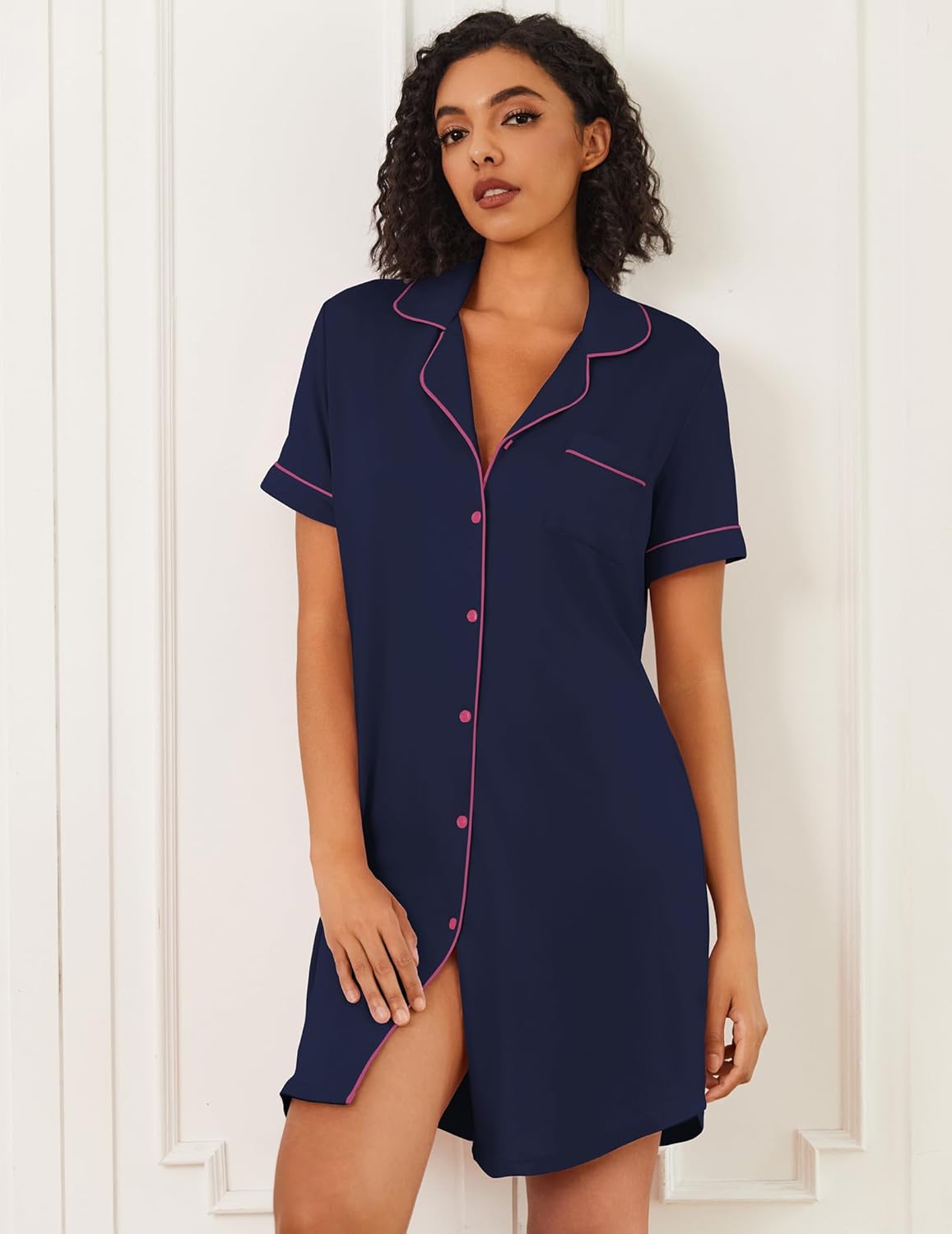 Bamboo viscose sleep shirt dress, navy blue with pink trim, button-front V-neck