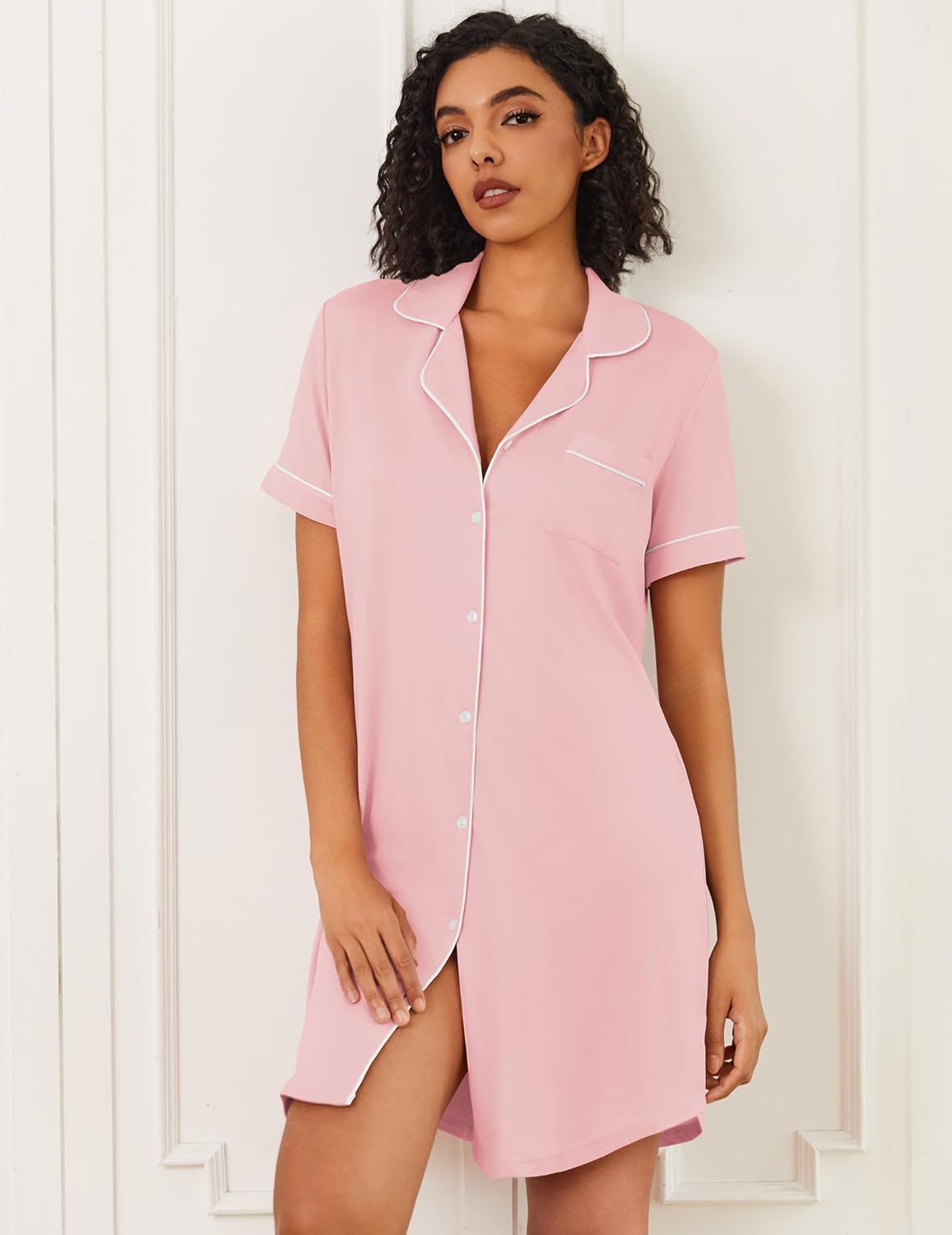 Pink button-down sleep shirt night dress with short sleeves and white trim