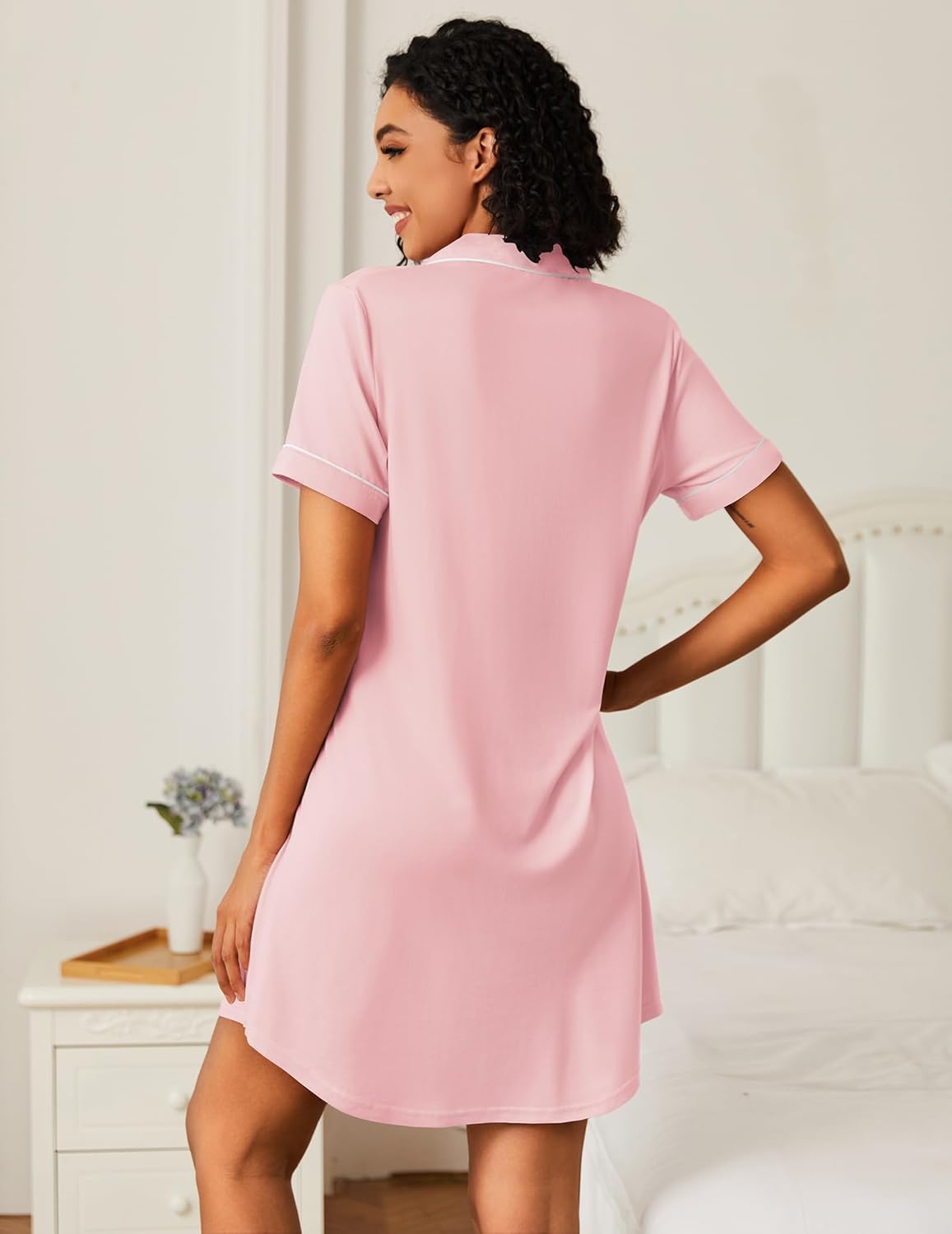 Pink sleep shirt night dress from back view, short sleeves, button front