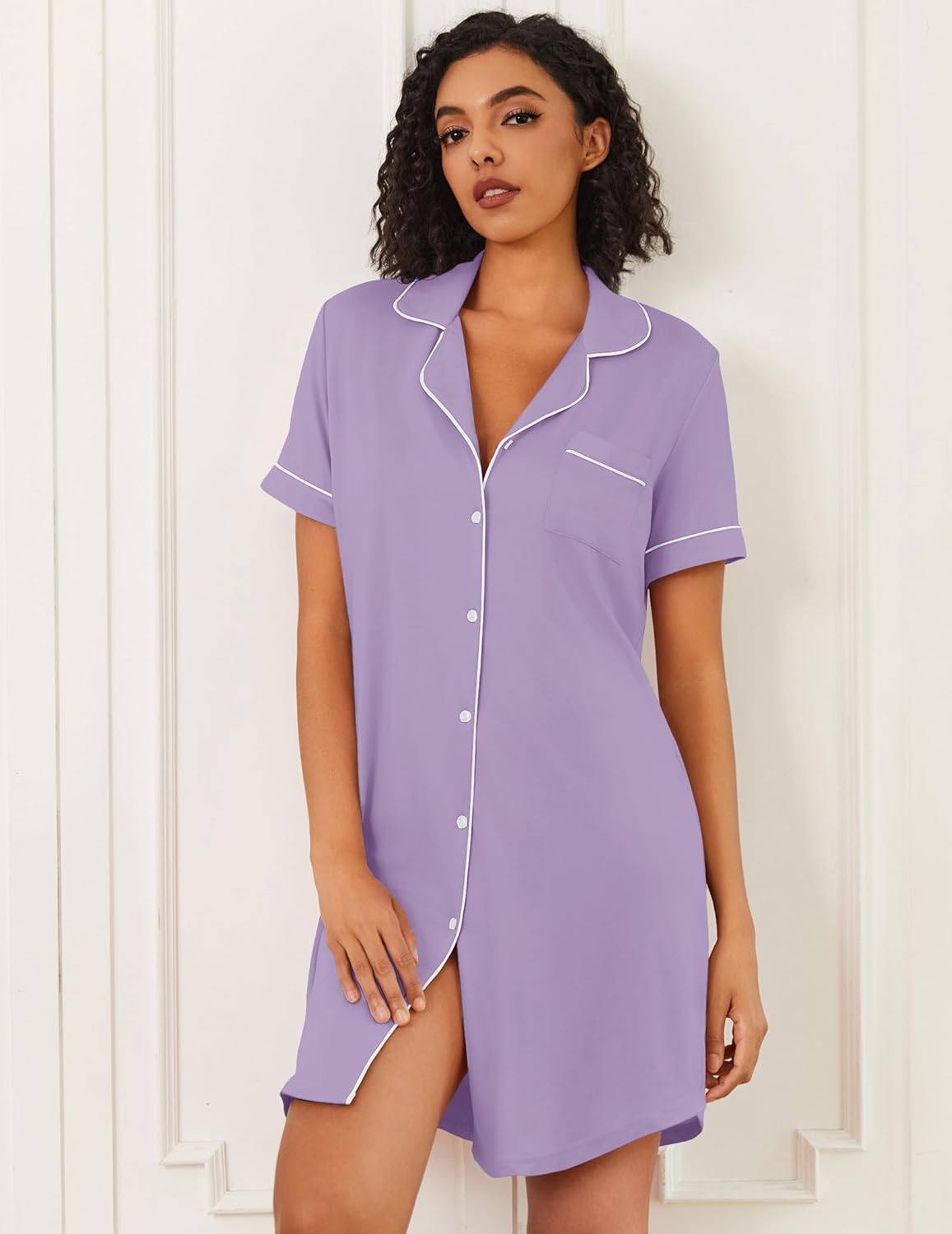 Purple button-down sleep shirt night dress with short sleeves and white trim