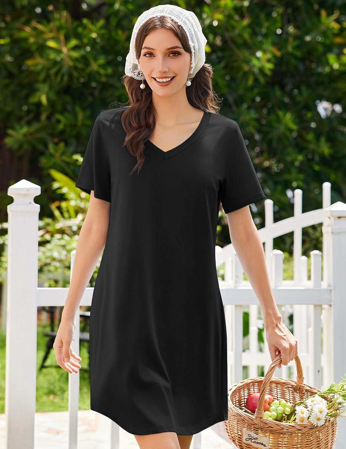 Black short-sleeve sleep shirt dress, V-neck and relaxed A-line