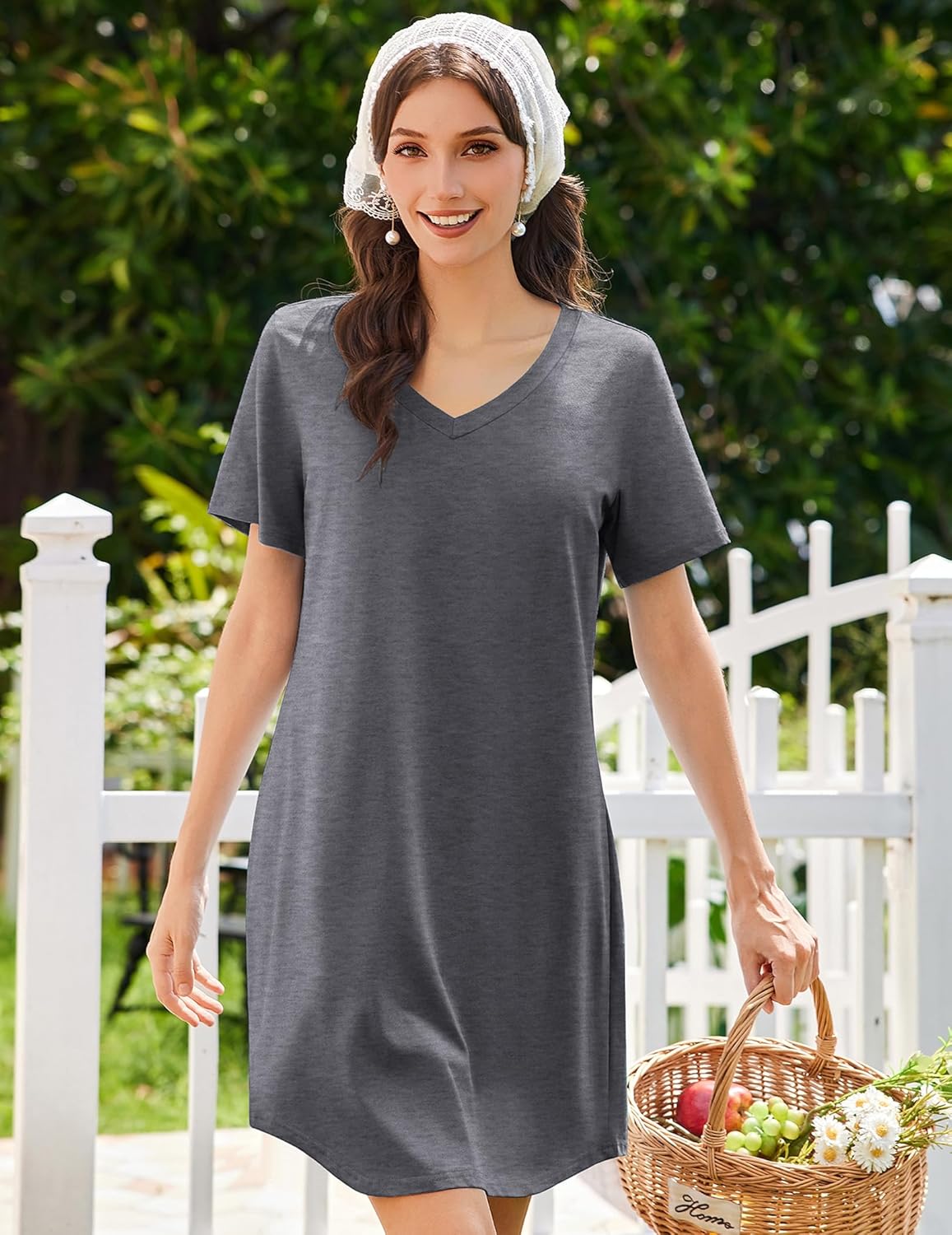 Dark grey short-sleeve sleep shirt dress, V-neck and relaxed A-line