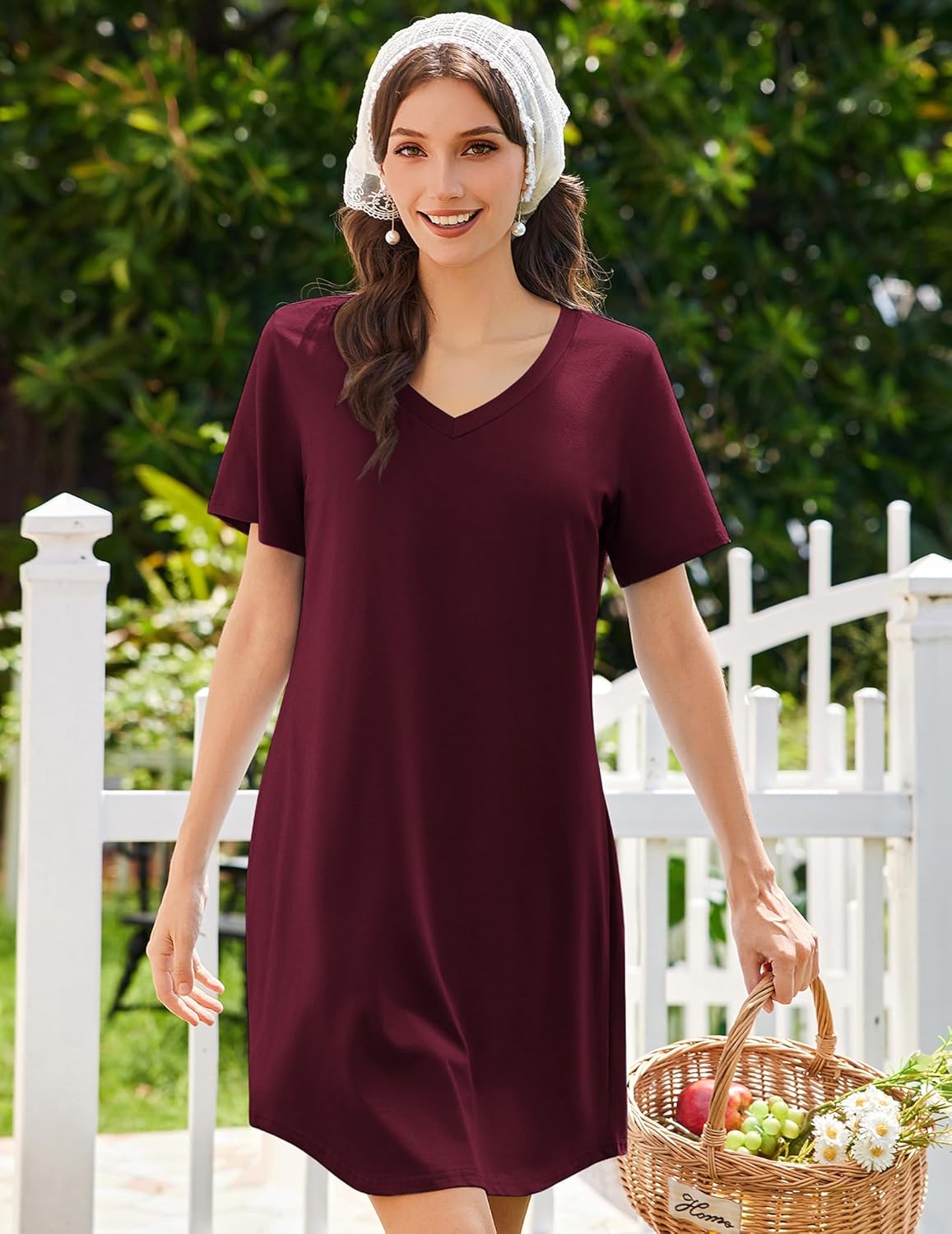 Sleep shirt dress with V-neck, short sleeves, burgundy