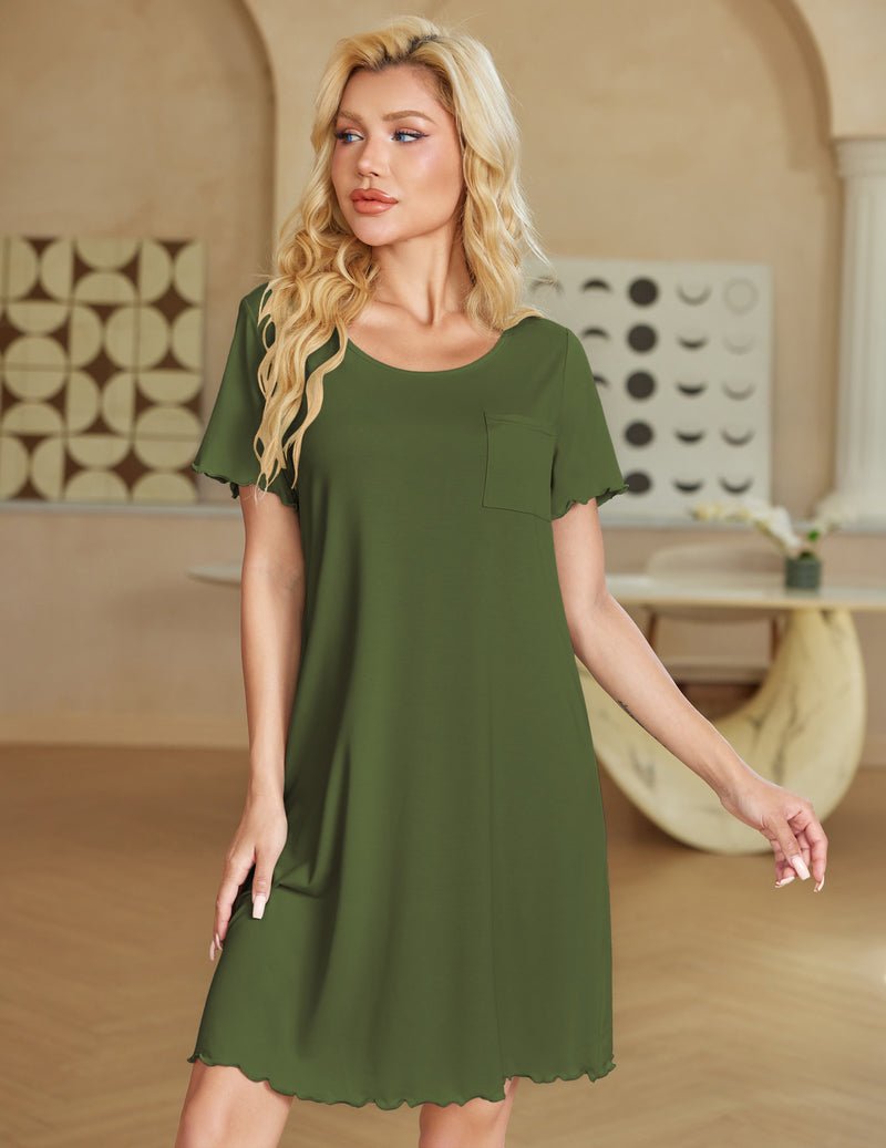 Army green short-sleeve nightgown with front pocket and ruffled scalloped hem