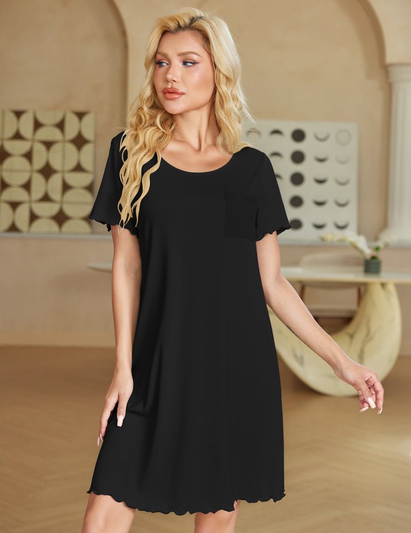 Black short-sleeve nightgown with front pocket and ruffled scalloped hem