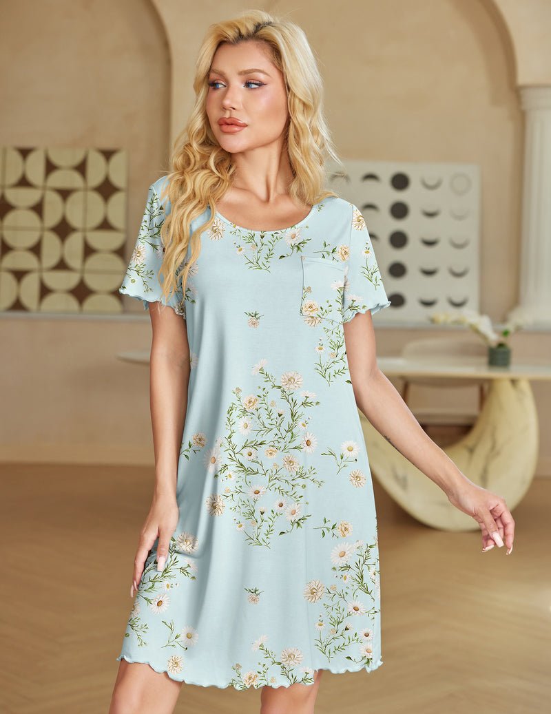 Light blue bamboo viscose nightgown with short sleeves, floral print, ruffled hem