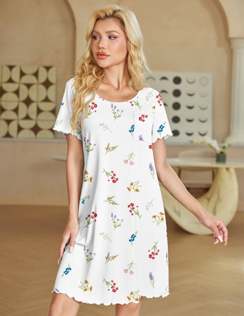 White bamboo viscose nightgown with short sleeves, floral print, ruffled hem, pocket