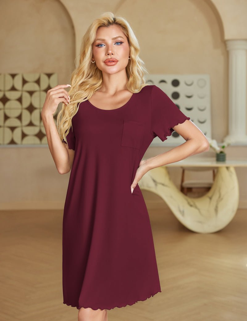 Burgundy bamboo viscose nightgown with short sleeves, ruffled hem, front pocket