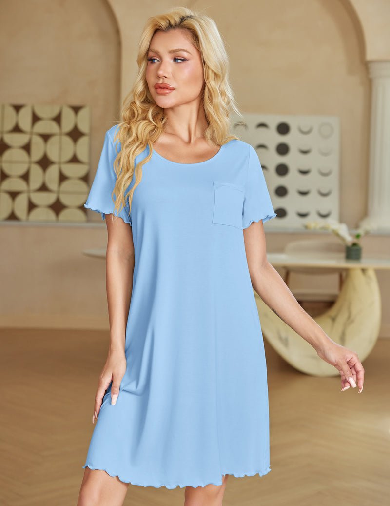 Blue short nightgown with front pocket, short sleeves, and ruffled scalloped hem