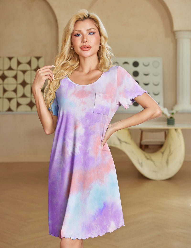 Purple-pink tie-dye bamboo viscose nightgown with short sleeves, ruffled hem, pocket