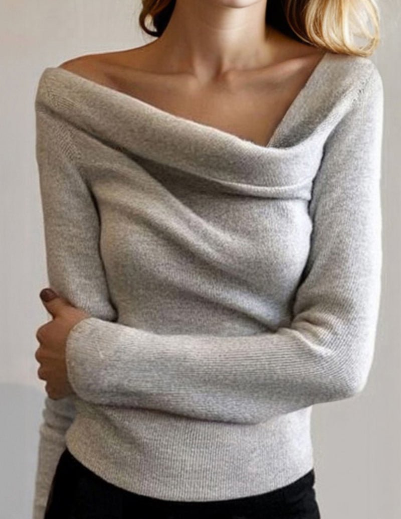 Grey fitted off-shoulder sweater top with long sleeves, draped neckline, fitted body.