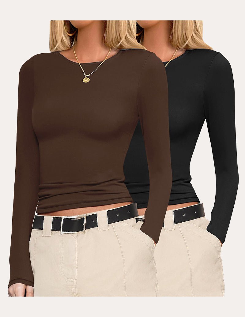 Brown long-sleeve slim-fit top with crew neck and cropped hem