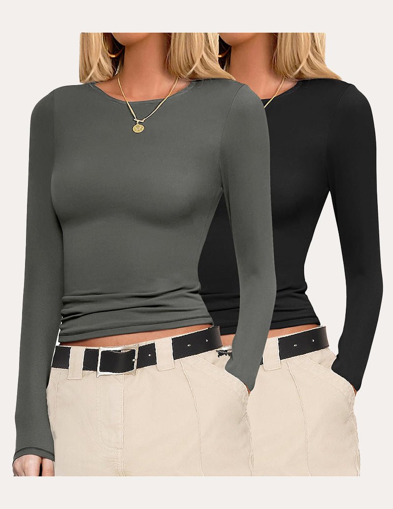 Dark gray long-sleeve slim-fit top with crew neck and cropped hem