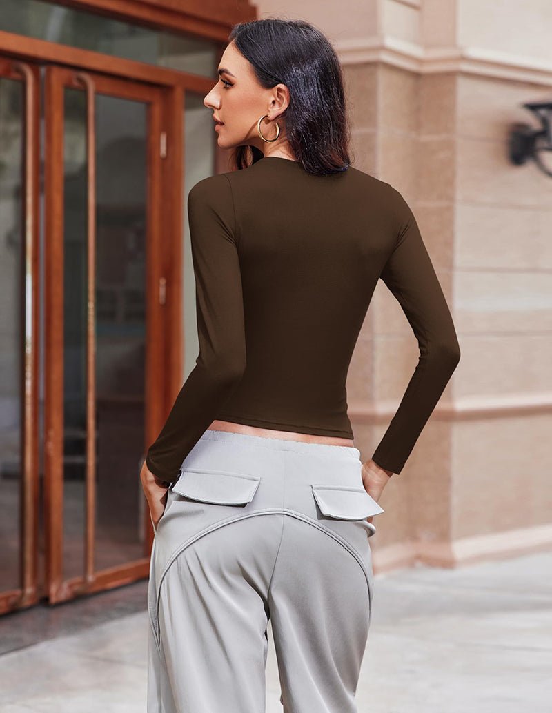 Olive-brown long-sleeve fitted cropped top with crew neck and smooth back