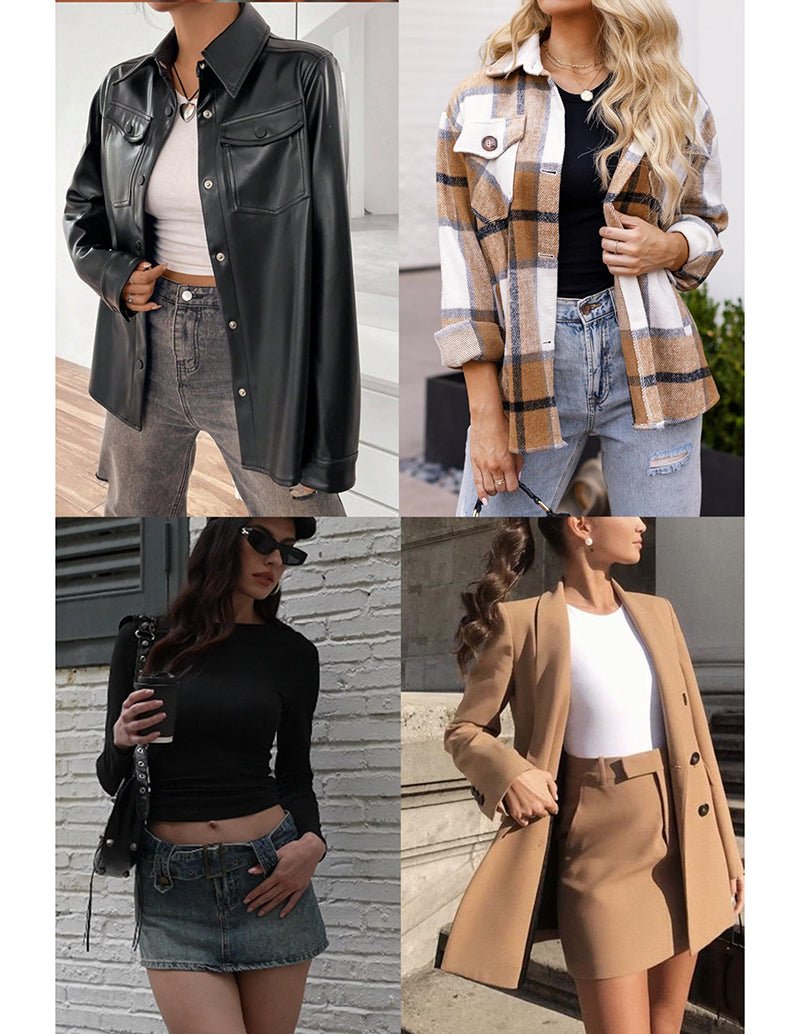 Long-sleeve slim-fit cropped tops in black and light beige tones