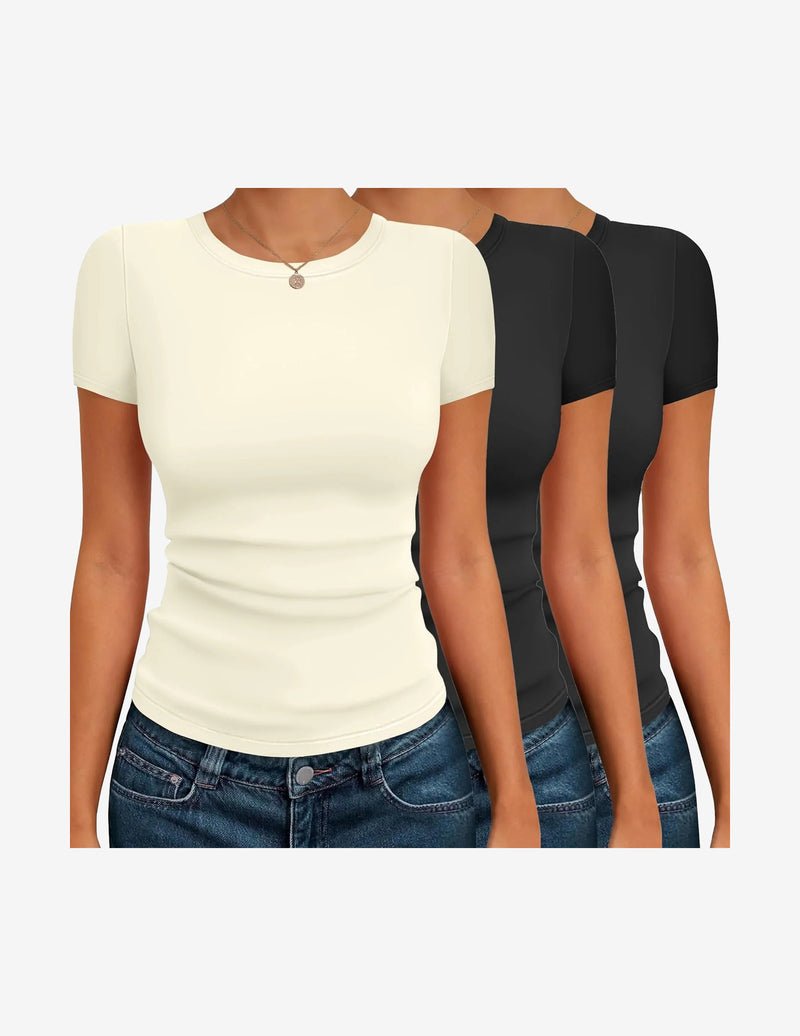 Basic T-Shirt 3er-Set, Kurzarm-thermal, creme, dunkelgrau & schwarz