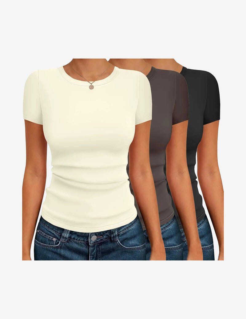 Basic T-Shirt 3er-Set, Kurzarm-thermal, creme, dunkelgrau & schwarz