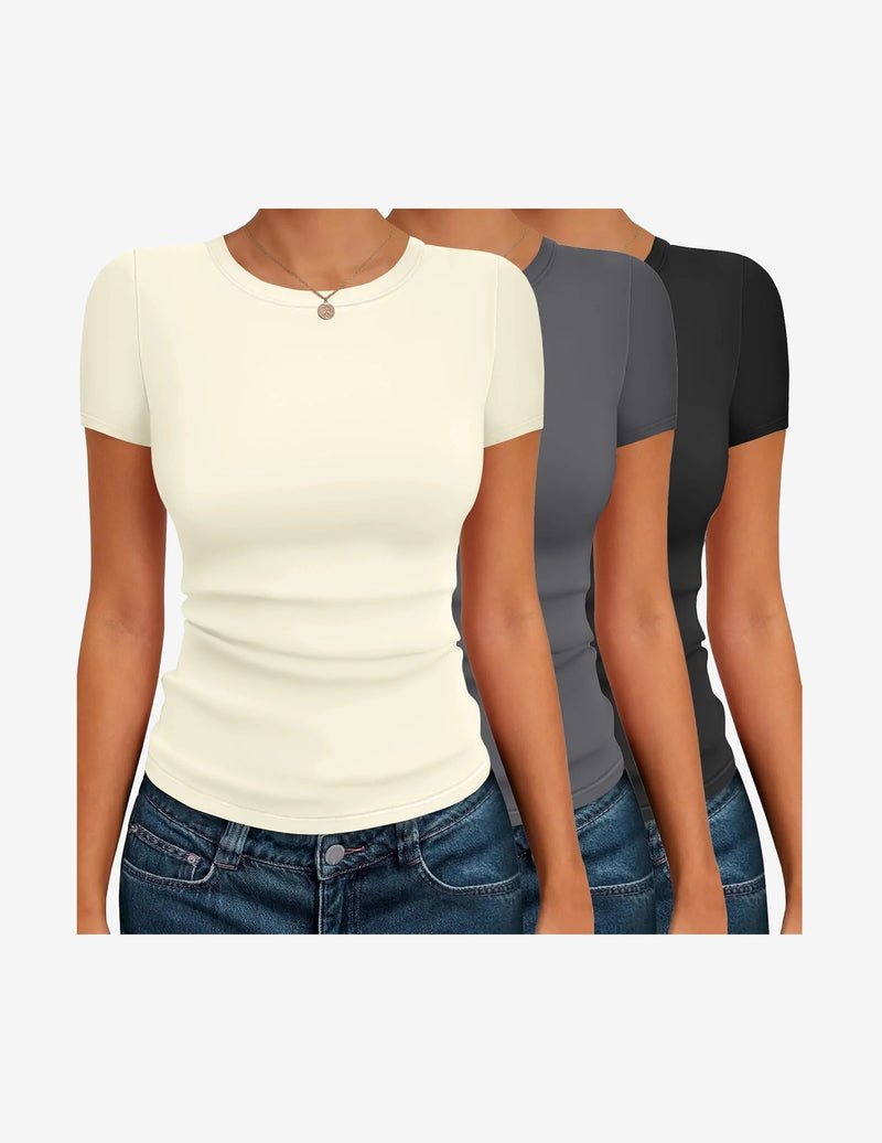 Basic T-Shirt 3er-Set, Kurzarm-thermal, creme, grau & schwarz