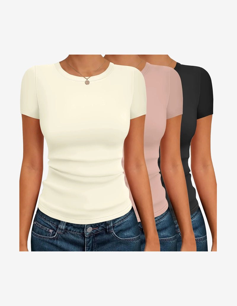 Basic T-Shirt 3er-Set, Kurzarm-thermal, creme, rosé & schwarz