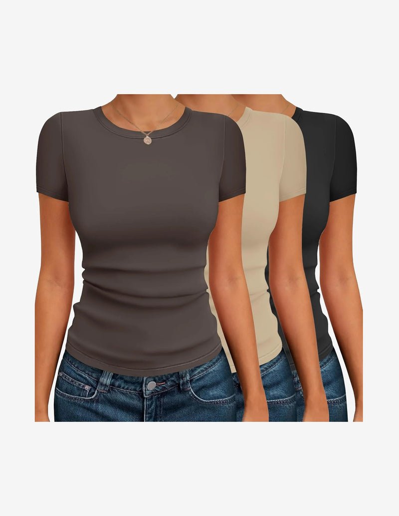 Basic T-Shirt 3er-Set, Kurzarm-thermal, braun, beige & schwarz